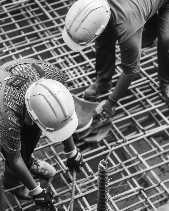 Trabajadores de obra con hierros de construcción